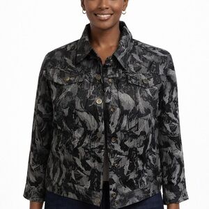 Ruby RD Charcoal and Black Leaf Print Jean Jacket